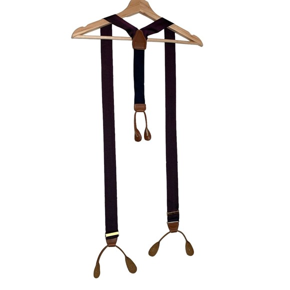 PERRY ELLIS PORTFOLIO Brown Leather Navy Red Stripe Y Suspenders Brass Hardware - Picture 2 of 8